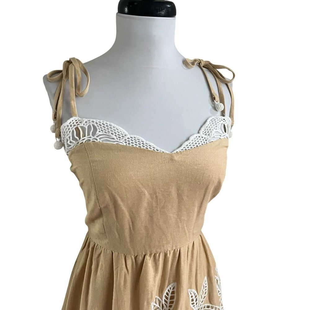 Caroline Constas Linen Midi Dress L Crochet Lace Trim Resort Coastal Boho Chic - Picture 5 of 15